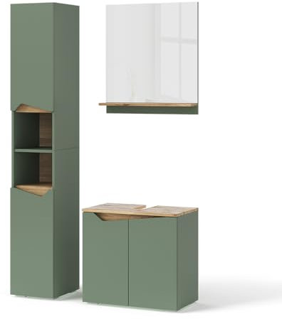 Vicco Badmöbel-Set Marelle, Badezimmerschrank-Set, Grün/Artisan, 3 Teile, mit Hochschrank