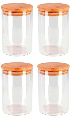 Acan Tradineur - Pack de 4 tarros de Vidrio de borosilicato con Tapa de bambú, Recipiente, Bote, Frasco para Pasta, café, legumbres, Galletas - 17,3 x 10 cm - 950 ml