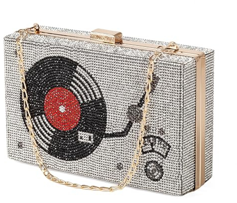 Renabro Damen Retro Radio-förmige Umhängetasche mit Strass, Metall und Vintage-Design – Abend-Clutch