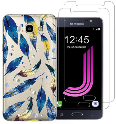 NOVAGO Compatible avec Samsung Galaxy J7 2016 (J720) -Pack Complet- Coque Résistante Transparente avec Motif Fantaisie imprimé + 2 Films Protection vitre écran Verre trempé (Plumebleu)