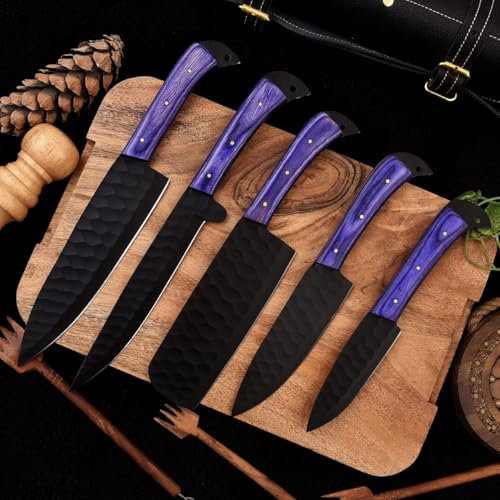 SHOHASS Handmade Carbon Steel Kitchen Knife Set with Leather case Cooking Knives Gift for Her Kitchen and Dining (Purple)