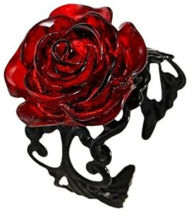 Vintage Dark Red Rose Flower Open Gothic Statement Ring for Women Adjustable Punk Goth 3D Floral Wrap Finger Band Rings Y2K Aesthetic Comfort Fit Valentine Cocktail Party Halloween Jewelry Gift