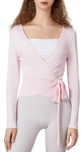 Kouoybt Haut cache-cœur à manches longues pour femme – Chemise de ballet d'entraînement et de yoga Y2K – Chemisier coquette à col en V croisé sur le devant, A - Rose, L