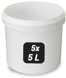 Trevendo 5X 5 Liter Eimer mit Deckel und Kunststoffgriff, lebensmittelecht - luftdicht - stabil - stapelbar - Leereimer zur sicheren Lagerung inkl. Trevendo Beschriftungsetikett