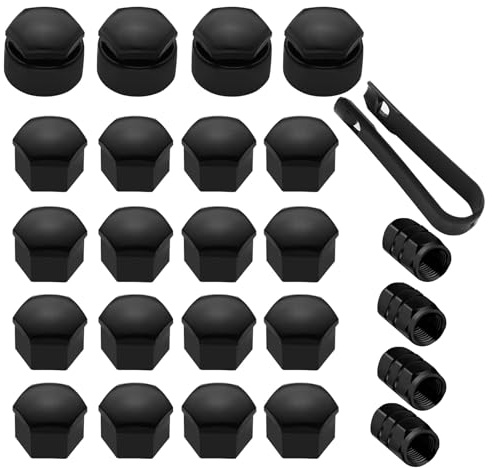Zhixan 25Pcs 17mm Wheel Bolt Nut Covers + Aluminum Valve Caps, Car Accessories with Locking Removal Tool, Anti-Rust Set for VW/Audi/Ford, Hub & Valve Stem Protection