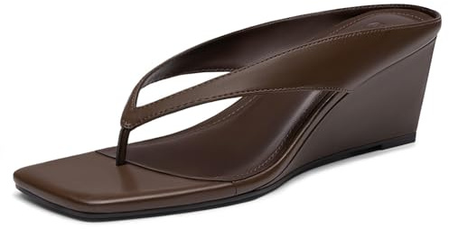 Athlefit Women's Low Wedge Sandals Trendy Dressy Square Open Toe Summer Beach Flip Flops Thong Heeled Sandals, Brown, Size 8.5, SAPS2613W