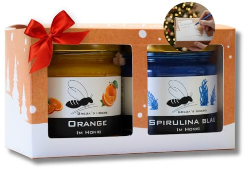 Gregas Honig Geschenkset Weihnachten 2x 250g Orange & Spirulina Blau | Festliche Präsentbox mit Grußfeld. Handgemachte Winter-Aufstriche ohne künstliche Zusätze. Ein edles Mitarbeitergeschenk!