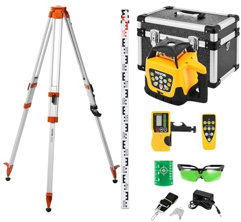 VEVOR Kit de Nivel Láser Giratorio con Trípode y Regla de Medición Láser Verde, Alcance de 500 m, Giro de 360°, Ángulo de Escaneo Flexible, con Receptor de Control Remoto y Estuche de Transporte
