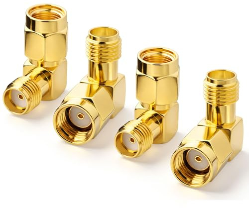 AmiCera 90 Grad Winkeladapter für Koaxialkabel, 4 Stück RP-SMA Stecker auf SMA Buchse Vergoldet, Winkel Adapter für Audio FPV Drone Antennen Video WiFi Repeater, Antennenstecker, Sat Kabel Verbinder