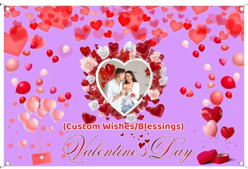 FAHOXUMR Personalisierte Valentinstag Hintergrunddekoration Mit Text Und Foto, Happy Valentines Day Banner Individuelles Valentins Banner Als Geschenk Und Party Deko Für Ihn Und Sie, 120x180cm