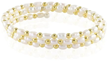 Cavill weiße Süßwasserzuchtperlen Armband mit goldenem Hämatit, Stahlarmreif, 3-Schichten Design, Handgefertigt, flexibel, rund & fancy Schliff, 62,2 Ct, moderner Schmuck
