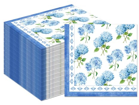 40 Count Blue Hydrangea Paper Napkins, 6.5 x 6.5 Inch Floral Luncheon Set | Watercolor Flower Design in Blue and White for Baby Shower, Tea Party, Wedding, Spring Brunch, Kitchen and Bath Accents