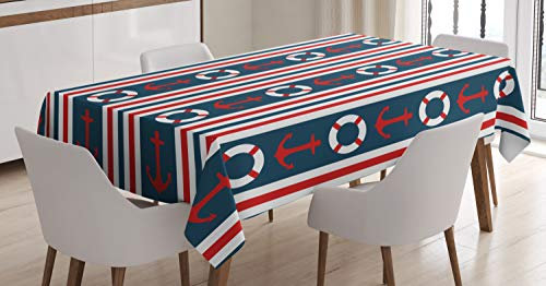 ABAKUHAUS Nautisch Tischdecke, Stripes Maritime, Personalisierter Druck mit Klaren Farben Waschbar Wasserfest kein Verblassen, 140 x 200 cm, Indigo Weiß Rot