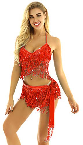 Freebily Damen Bauchtanz Kostüm Sexy Quaste Pailletten BH Oberteil Hüfttuch Rock/Shorts Gürtel Glitzer Tanzkleidung Pole Dance Outfits Rot Einheitsgröße