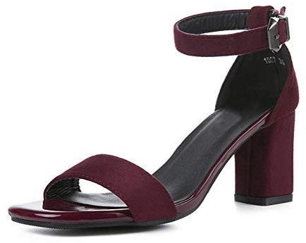 Minetom Damen Sandaletten High Heels Pumps mit Blockabsatz Hoher Absatz Sexy Offene Zehen Knöchelriemen Abend Party Sandalen B Weinrot 37 EU