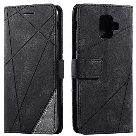SONWO Hülle für Samsung Galaxy A6 2018, Premium Leder PU Handyhülle Flip Case Wallet Silikon Bumper Schutzhülle Klapphülle für Galaxy A6 2018, Schwarz