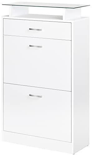 HOMCOM Armoire à Chaussures Meuble Rangement Chaussures 2 Portes abattantes 2 Compartiments, tiroir, Plateau en Verre - Bois chêne Blanc