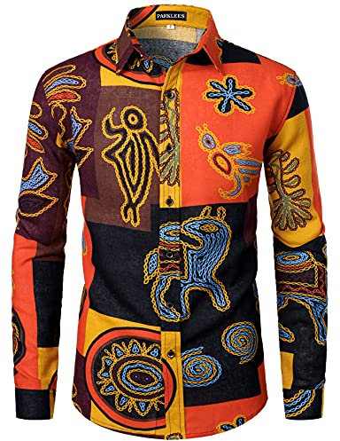 PARKLEES Mens Retro Traditional Ethnic Pattern Printed Linen Long Sleeve Button Down Shirt Yellow XXXL
