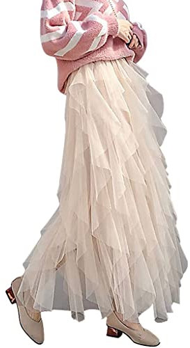 Loalirando Jupe en Tulle Femme Maxi-Longue Jupe Plissée Taille Haute Chic Elégant, Taille Unique, Abricot