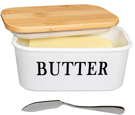 AngLink Butterdose Porzellan mit Holzdeckel Butterschale Geschirr für 250 g Butter Keramik Multi-Funktion Butter Dish mit Messer Silikonlippe Iuftdicht