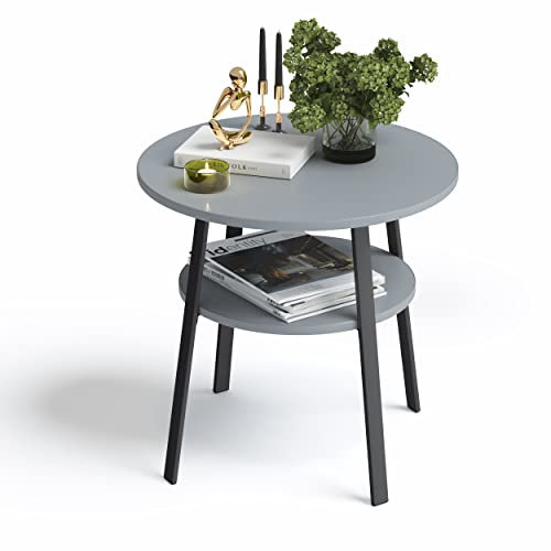 stardis Beistelltisch rund stabiles Metallgestell/Holz Ø52xH 54 cm, 2 Ablagen Nachttisch Couchtisch für Wohnzimmer Schlafzimmer, grau