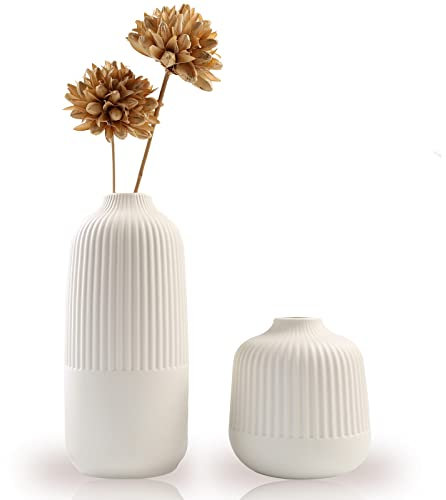 Kingbar Vase Keramik Mit Rillen,Vase Für Pampasgras, Grosse vase hoch mit Rillen Weiß Blumenvase Modern Vasen Deko für Trockenblumen, Büro und Esstisch