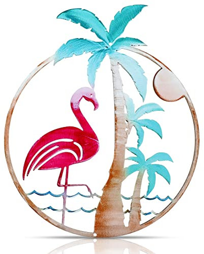 Lounsweer Flamingo Metall-Wandkunst, Palme, hängende Dekoration für drinnen und draußen, Flamingo-Wandschild, hängende Kunstwerke, tropische Themen, Flamingos, Hof, Dekoration