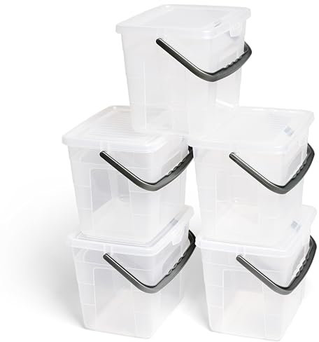 Novaliv Lot de 5 boîtes à lessive avec couvercle - 4 l - Transparent - 23,5 x 18 x 18,5 cm - Boîte de rangement pour poudre à lessive avec anse