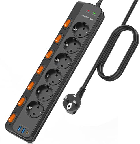 Steckdosenleiste Einzeln Schaltbar,6 Fach Wandmontage mit 1 USB-C Schnellladegerät(PD 20W)&2 USB-A Steckerleiste,Mehrfachsteckdose mit Überspannungsschutz (3680W/16A),3M Kabel,Schwarz
