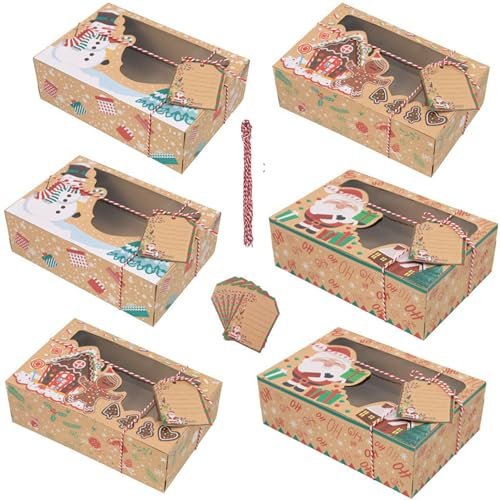 6Pcs Christmas Cookie Gift Boxes, Christmas Cookie Boxes Kraft Xmas Bakery Treat Boxes Brown Kraft Paper Boxes with Clear Windows Party Gift Boxes with Hemp Ropes and Labelles for Birthday 22*15*7cm