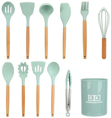 Utensilios de Cocina de Silicona con Mango de Madera, 12 Piezas, Resistentes al Calor y Antiadherentes, Antiarañazos, sin BPA, Set Utensilios de Cocina Silicona, Cucharones de Cocina Silicona (Verde)