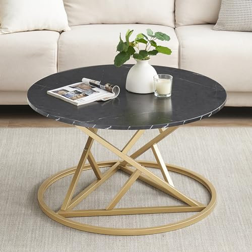 ZZINOKE Couchtisch Rund,Marmor Couchtisch mit Gold Metallrahmen,80cm Geräumiger Desktop,Wohnzimmertisch Modern,Beistelltisch Rund Schwarz