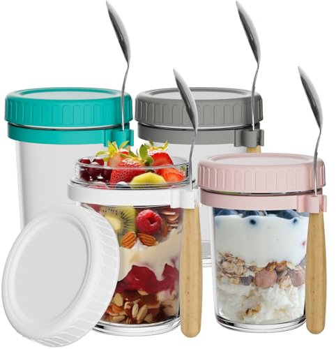 Hafergläser mit Deckel und Löffel, luftdichte Frühstücksgläser mit Messmarkierungen, 350 ml, für Salate, Müsli, Milch, Brei, Obst, Joghurt, 4 Stück