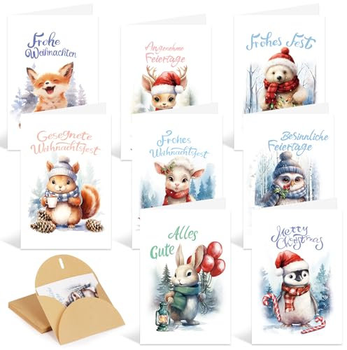 SULOLI 16 Stück Weihnachtskarten Set(15.2x10.2cm) Klappkarten Weihnachtspostkarten Set mit bunt Karikatur veredelt für Weihnacht Weihnachtsgeschenke Familie und Freunde