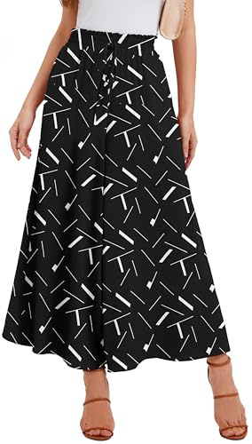 WUWUSKY Jupe Culotte Femme Pantalon Large Taille Haute Pantalon d'Été Léger Infroissable de Plage avec 2 Poches pour Quotidien et Soirée, 02 Noir/Ligne Blanche, XXL