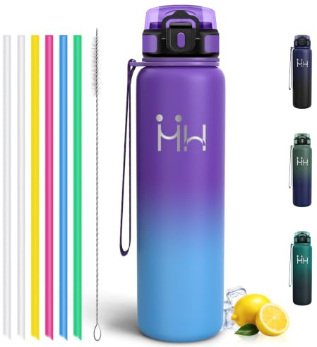 Motswedi Botella de Agua 1l, Acero Inoxidable, Botella Térmica, a Prueba de Fugas, Cantimplora con Pajita, Fría y Caliente de Boca, para Deportes, Oficina, Bicicleta, Morado & azul claro