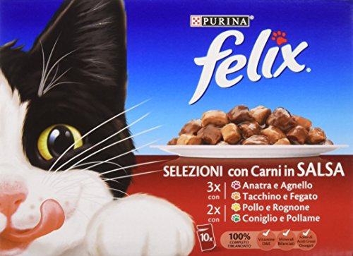 Purina Felix Nassfutter Katze Auswahl in Sauce mit Ente und Lamm, mit Truthahn und Leber, mit Huhn und Rognon und mit Hase und Geflügel - 60 Beutel zu je 100 g (6 Packungen mit 10 x 100 g)