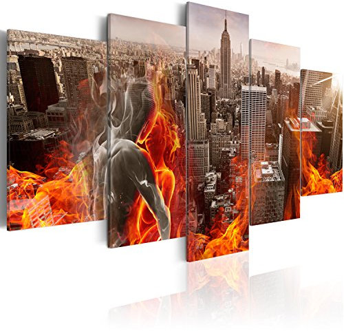 B&D XXL - Wandbilder XXL Gestalten Akt 225x112cm 5 tlg - Wand Deko Leinwand Bilder Groß Wanddeko Wohnzimmer Schlafzimmer Kunstdrucke - Stadt Panorama New York Feuer h-C-0039-b-m