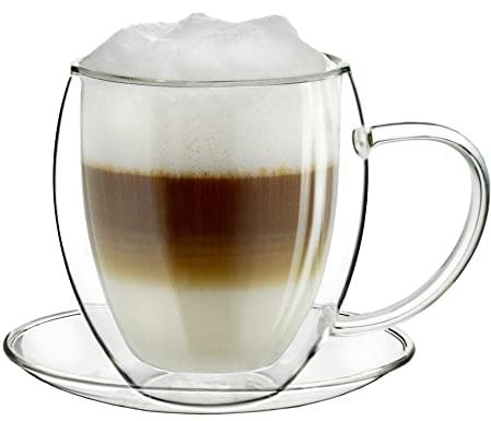 Creano Thermotasse, Extra Großes doppelwandiges Glas-mit Untersetzer, XXL Glastasse mit Henkel | 400ml im Geschenkkarton