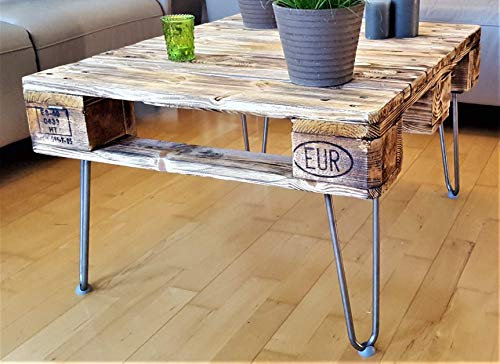 Couchtisch aus Palette industrial beflammt mit Hairpin-Legs Hand-Made in Germany Beistelltisch Holztisch vintage Wohnzimmertisch Holz industrial Shabby Chic Palettenmöbel antik
