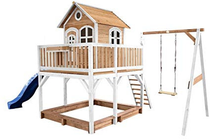 AXI Spielhaus Liam mit Sandkasten, Schaukel & Blauer Rutsche | Stelzenhaus XXL in Braun & Weiß aus FSC Holz für Kinder | Spielturm mit Wellenrutsche für den Garten