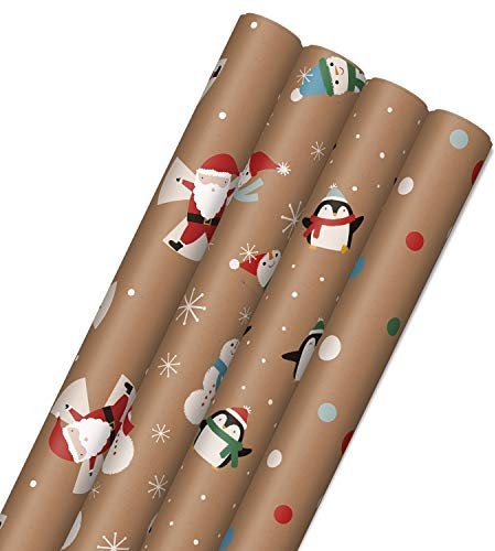Hallmark Kraft-Weihnachtsgeschenkpapier für Kinder mit Schnittlinien auf der Rückseite (4 Rollen: 88 sq. ftl) Pinguine, Weihnachtsmann, Schneemänner, Tupfen