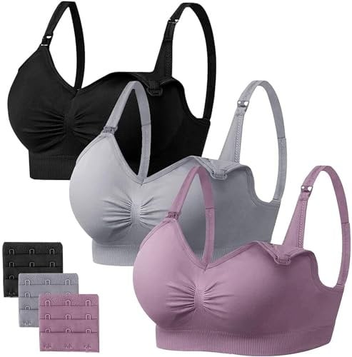HBselect 3 Pack Women’s Nursing Bra Wireless Seamless Maternity Bra Breastfeeding Bras Bralette with Removable Bra Pads Extenders (XXL, Black+Gray+Purple)