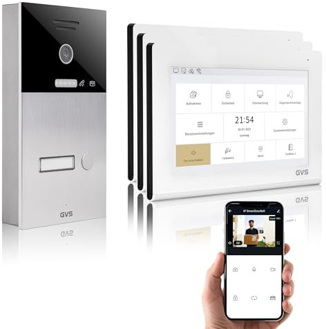 GVS - IP Video Türsprechanlage mit Türöffner, HD Kamera, 3X 7 Zoll Monitor & App - Smarte Video Türklingel mit Kamera & Gegensprechanlage für 1 Familienhaus (AVS1332A)