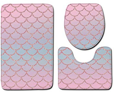 GUOCU Ozean Muster Badezimmer Vorleger,3 Teiliges Badteppich Set rutschfeste Badematten,Contour Matte,WC Sitz Deckel,Badgarnitur Badvorleger WC Vorleger Waschbar Duschvorleger Fischmuster I 50x80CM