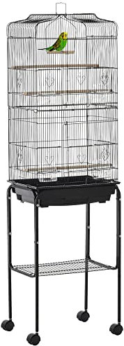 PawHut Bird Cage Budgie Cages for Finch Canary Parakeet with Stand Wheels Slide-out Tray Accessories Storage Shelf, Black 46.5 x 36 x 157 cm