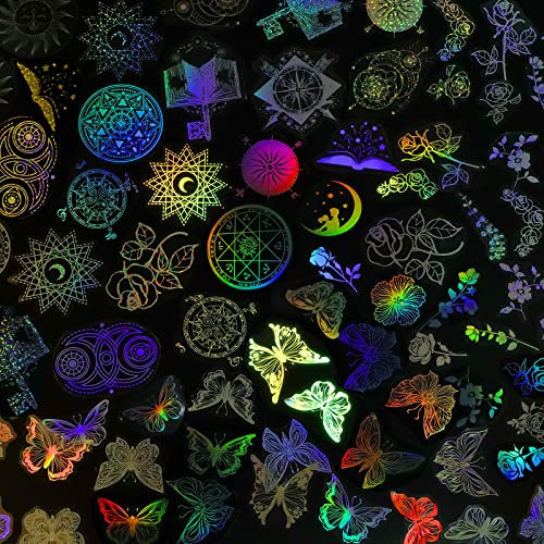 135 Stück Harz Dekorative Aufkleber, Kalolary Glänzende Kunstharz-Aufkleber für Kunsthandwerk Selbstklebend Regenbogen Magie Schmetterling Blume bunt Laser-Aufkleber für DIY Scrapbook Laptop