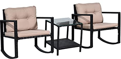 Outsunny Ensemble de Jardin 3 pièces Style Cosy 2 fauteuils à Bascule avec Coussins Assise Dossier + Table Basse en Verre trempé Cadre en Acier résine tressée Imitation rotin Noir et Marron