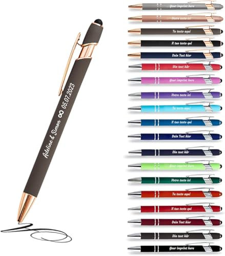 Jolis Papiers - x12 - Stift personalisiert 2 in 1 - Personalisierter Kugelschreiber mit Gravur I Rosegold-Metall I Softtouch Feeling I schwarz schreiben I integrierter Stylus