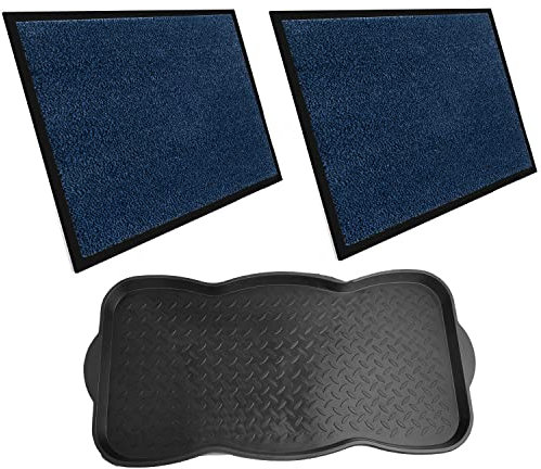 Entrando 2X Fussmatten (60x90cm, 90x150cm) und 1x Schuhabtropfschale - Bundle für Haustür, Flur, Balkon oder Terrasse - Schmutzfangmatten für innen und außen, rutschfest, waschbar (Blau Schwarz)